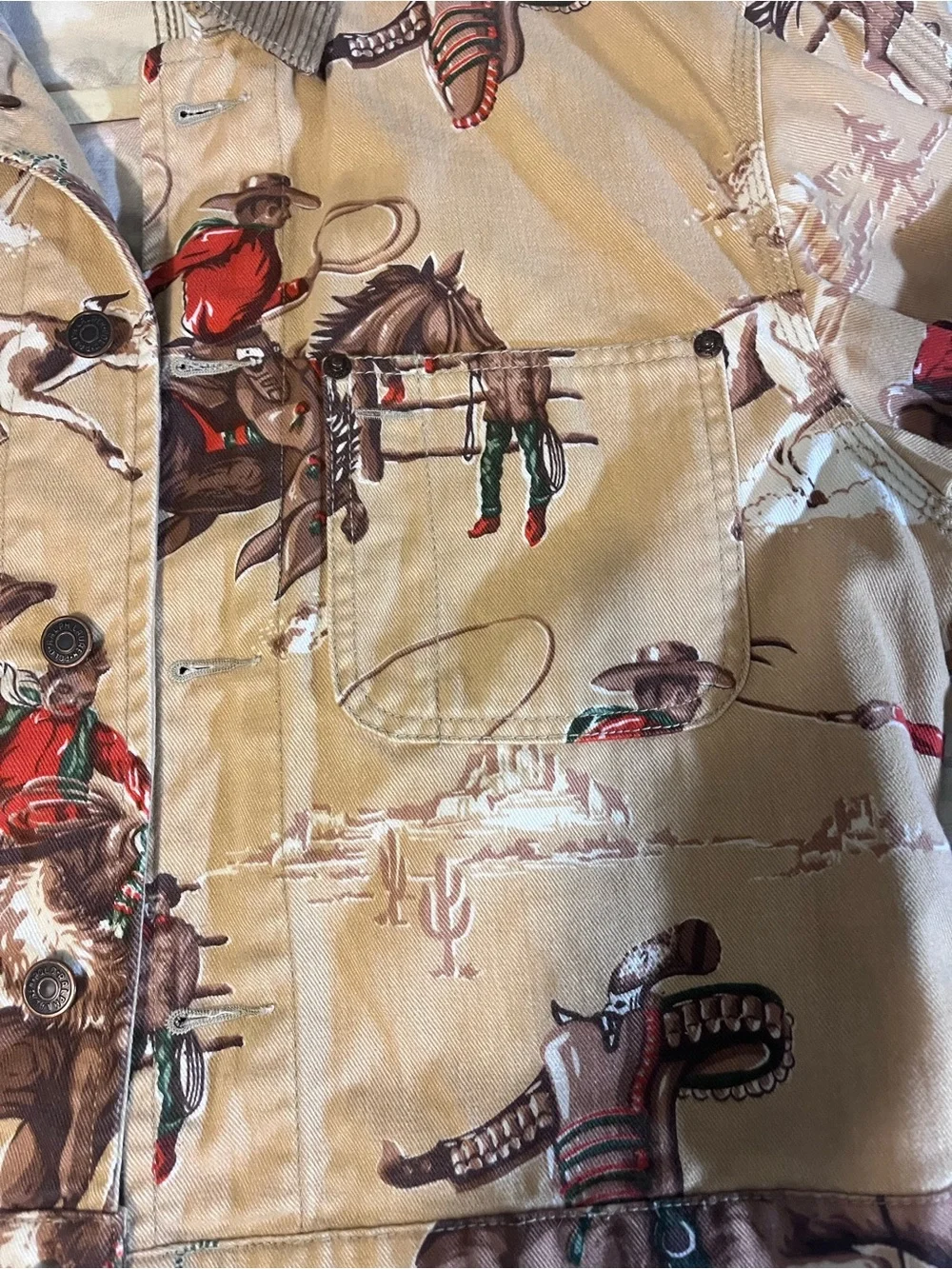 Rare Vintage Ralph Lauren Tan Western Rodeo Print Corduroy-Collar Jean Jacket - Picture 4 of 8